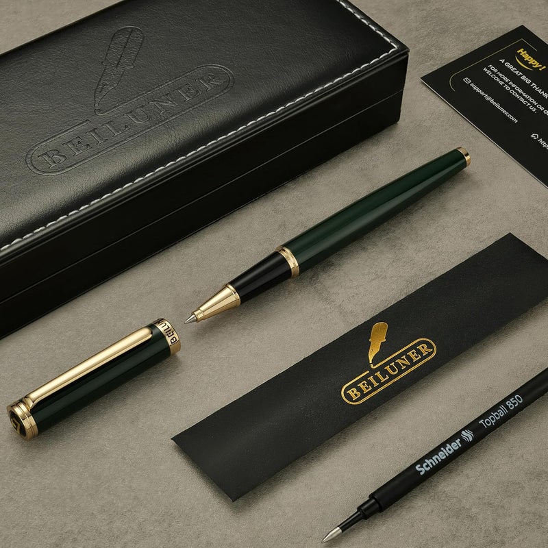 BEILUNER Luxury Rollerball Pen, Stunning Green Lacquer with 24K Gold Trim,Noble and Elegant Designs,Schneider Ink Refill, Best Gift Set for Men & Women, Refillable, Executive Writing, Nice Pens - Image 2